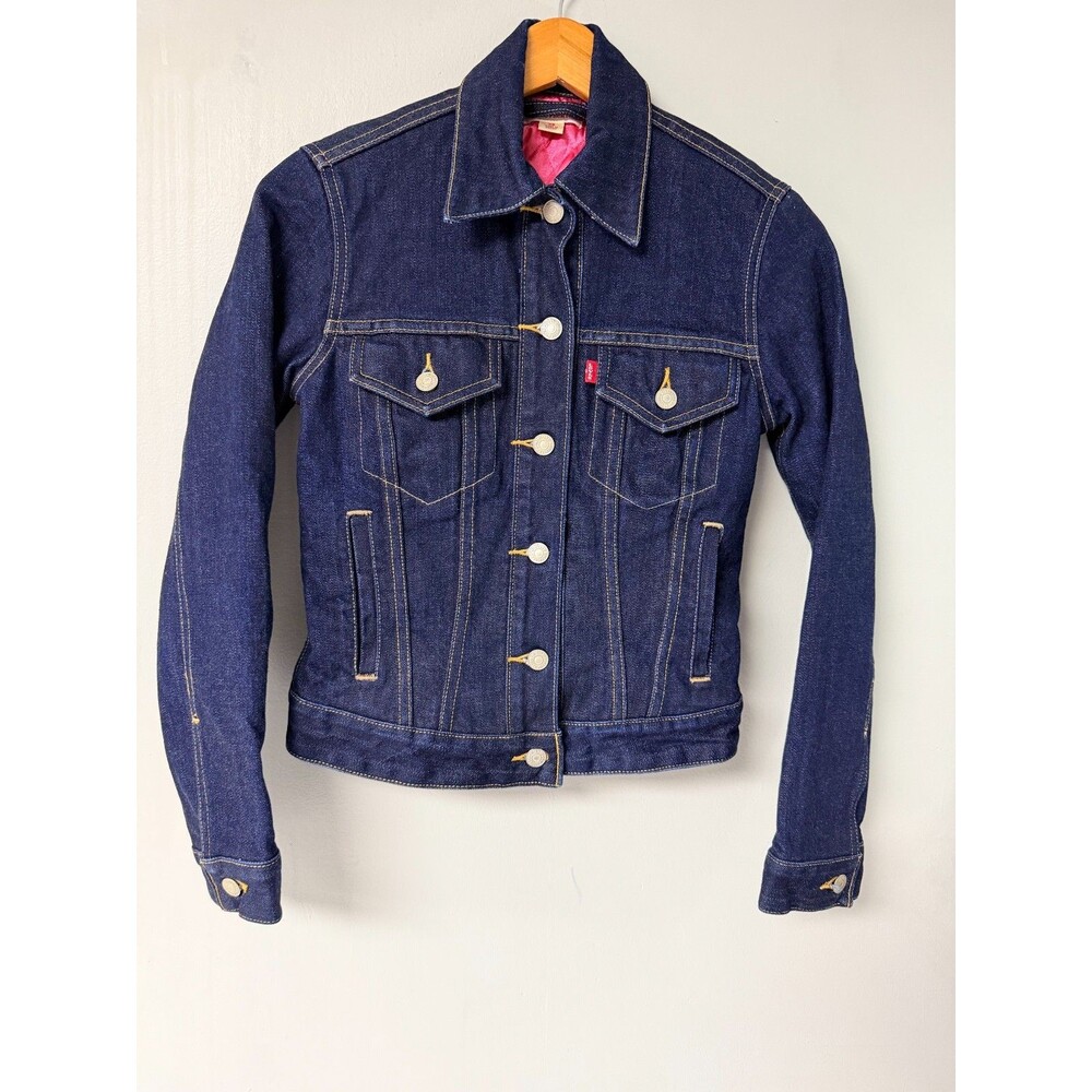Levi Strauss Signature Women's XS Dark Wash Denim Jacket Pink Quilted Lining